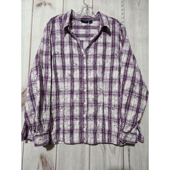 Gloria Vanderbilt Shirt Womens 3X Purple Plaid Floral Button Front Long Sleeve - Picture 1 of 8
